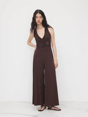 Halter Neckline Belted Ruched Jumpsuit