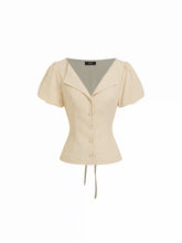 Cotton-blend Striped Puff Sleeve Tie-back Blouse