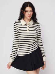 Cotton-blend Stripe Collar Long Sleeve Asymmetrical Hem Ruched Top