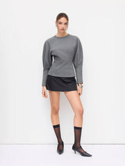 Cotton-blend Round Neckline Lantern Long Sleeve Cinched Waist Sweatshirt