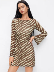 Boat Neck Zebra Stripe Bell Sleeve Mini Dress