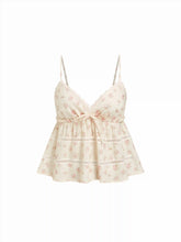 Cotton Floral Sweetheart Lace Panel Shirred Peplum Cami Top