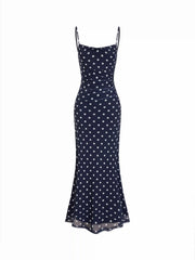 Mesh Polka Dot Lace Panel High Rise Mermaid Maxi Dress