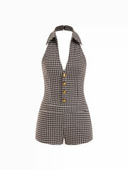 Plaid Button Decor Halter Neck Romper