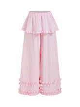 Gingham Mid Rise Ruffled Peplum Lettuce Trim Oversized Wide Leg Trousers