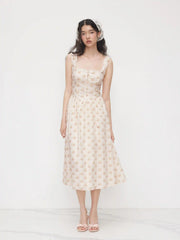 Cotton Square Neck Ditsy Floral Lace Up Maxi Dress