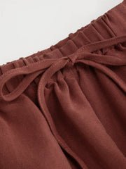 Linen-blend Mid Rise Elastic Waist Aztec Embroidery Drawstring Shorts
