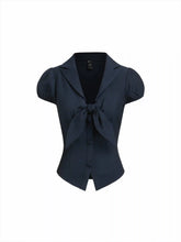 Collar Knotted Split Puff Sleeve Crop Top