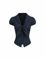 Collar Knotted Split Puff Sleeve Crop Top
