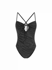 Glitter Graphic Striped Tie Front Cut Out Criss Cross One Piece Swimsuit