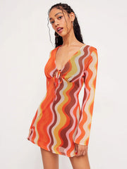 Mesh V-neck Abstract Wave Knotted Mini Dress