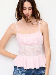 Chiffon Square Neck Lace Panel Peplum Cami Top