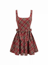 Cotton Scoop Neckline Plaid Bowknot Mini Dress