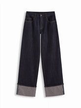 Cider Stretch Denim Mid Rise Plaid Roll Hem Straight Leg Jeans