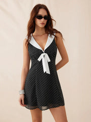 Chiffon Polka Dot Sailor Collar Bowknot A-line Mini Dress
