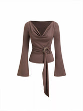 Cowl Neck Ruched O-ring Bell Sleeve Top