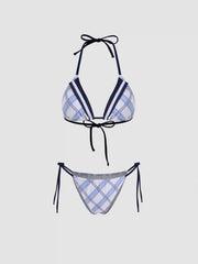 Halter Neckline Check Triangle Tie Side Bikini Set