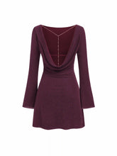Boat Neck Glitter Backless Rhinestone Chain Detail Bell Sleeve Mini Dress