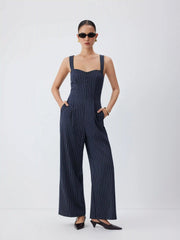 Striped Sweetheart Neck Criss Cross Mid Rise Wide Leg Jumpsuit