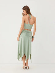 Halter Neckline Drawstring Top & Ruched Hanky Hem Maxi Skirt Set