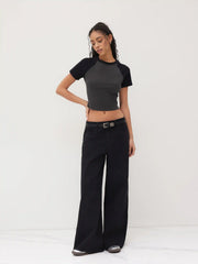 Cotton-blend Round Neckline Two Tone Solid Short Sleeve Tee