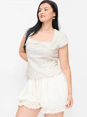 Cotton-blend Floral Square Neck Lace Trim Bowknot Blouse Curve & Plus