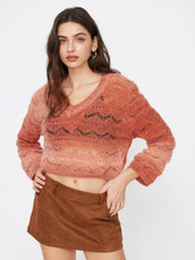 Knit V-neck Hollow Out Long Sleeve Crop Top