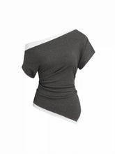 Asymmetrical Neck Two Tone Ruched Short Sleeve Top