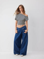 Stretch Denim Low Rise Wide Leg Trousers