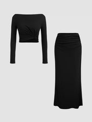 Boat Neckline Solid Twist Long Sleeve Crop Top & Mid Rise Solid Ruched Maxi Skirt