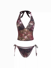 V-neck Animal Graphic Mesh Halter Low Rise Tie Side Bikini Set