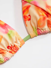 Floral V-neck Ruched Triangle Bikini Set