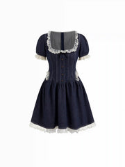 Stretch Denim Lace Trim Puff Sleeve A-line Mini Dress