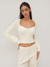 Knit V-neck Solid Lantern Sleeve Crop Top