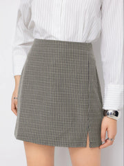 Houndstooth High Waist Split Mini Skirt