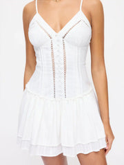 Cotton-blend V-neck Lace Panel Corset Ruffle Hem Flared Cami Mini Dress