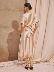 Satin Boat Neck Bowknot Top & Mid Rise Lace Trim Mermaid Maxi Skirt Set