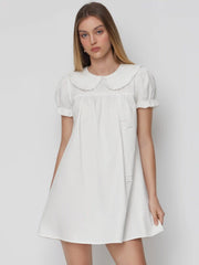 Cotton-blend Peter Pan Collar Puff Sleeve Lace Trim Mini Dress