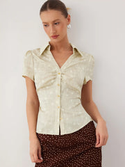 Satin Polka Dot Ruched Puff Sleeve Shirt