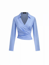 Cotton-blend Collar V-neck Wrap Ruched Cinched Waist Shirt
