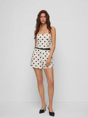 Satin Polka Dot Bandeau Mid Rise Romper With Belt