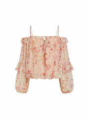 Chiffon Floral Off-shoulder Puff Sleeve Ruffled Oversized Blouse