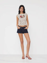 Cotton-blend Boat Neck Polka Dot Heart Figure Graphic Backless Tee