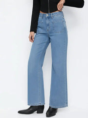 High Stretch Denim Mid Rise Straight Leg Trousers