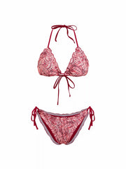 Paisley Halter Neckline Lettuce Trim Tie Side Bikini Set
