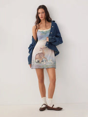 Mesh Deer Graphic Scoop Neck Lace Trim Bowknot Flared Mini Dress