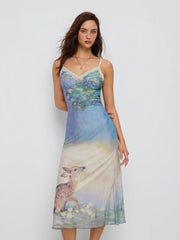 Mesh Deer Graphic Sweetheart Lace Trim Slip Maxi Dress