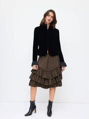 Mid Rise Lettuce Trim Pleated Layered Midi Skirt