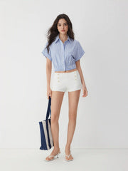 Cotton-blend Stripes Collar Batwing Sleeve Shirred Crop Blouse