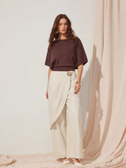 Linen-blend Mid Rise Asymmetrical Metal Detail Wide Leg Trousers